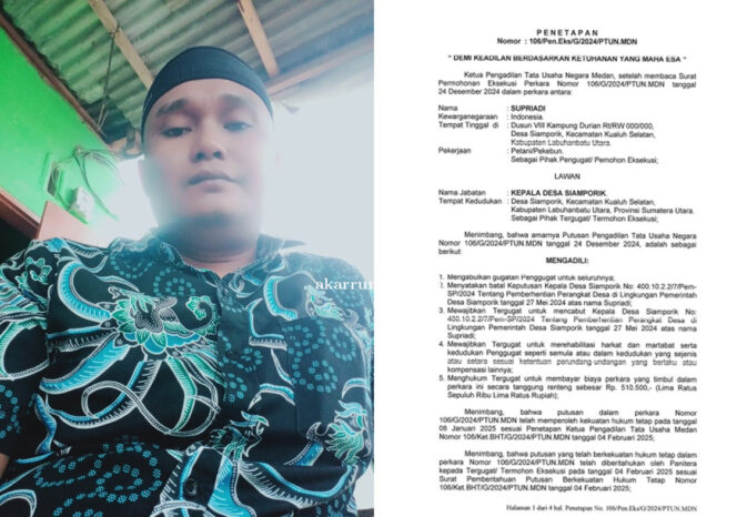 
					Kadus Kampung (Durian Supriadi) dan Lembaran pertama (Surat Penetapan Eksekusi) 