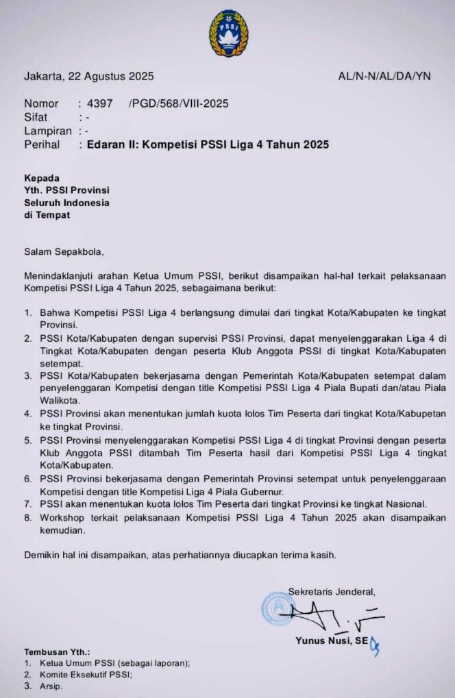 
					surat edaran bernomor 4397/PGD/568/VIII-2025 yang ditandatangani oleh Sekretaris Jenderal PSSI, Yunus Nusi, S.E., pada 22 Agustus 2025