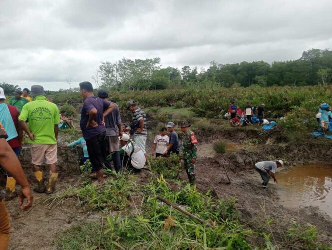 
					- Babinsa Koramil 03/SB Serka Suritno bersama seorang anggota TNI mengajak masyarakat Dusun VI Sei Siali bergotong royong memperbaiki tanggul air asin yang jebol, Rabu (17/09/2025)