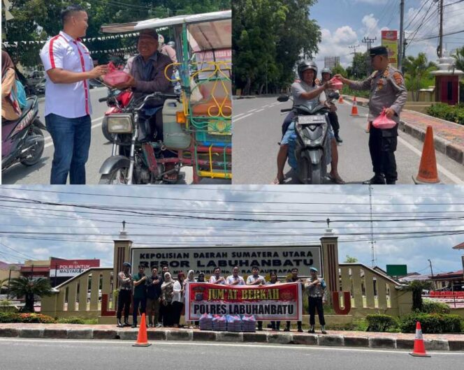
					Puluhan nasi kotak dibagikan kepada pengendara becak dan sepeda motor yang melintas di depan Mapolres Labuhanbatu, Jumat (19/09/2025)
