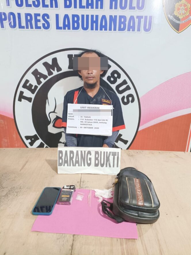 
					Terduga pelaku seorang pria berinisial Ds (36), beserta barang bukti yang berhasil diamankan, Kamis (09/10/2025)