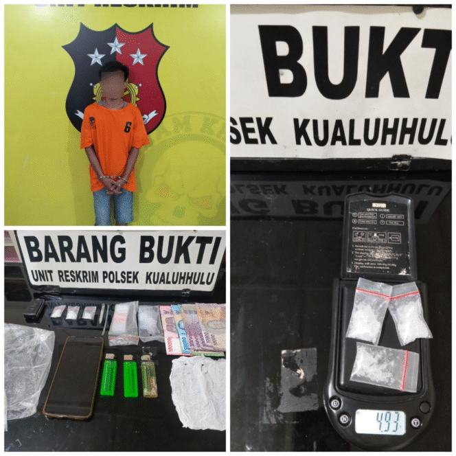 
					Terduga pelaku seorang pria berinisial MY (29) beserta barang bukti yang berhasil diamankan, Rabu (12/11/2025) 