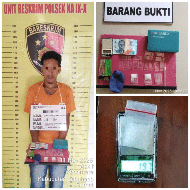 
					Terduga pelaku seorang pria berinisial EK (26), beserta barang bukti yang berhasil diamankan, Selasa (11/11/2025)