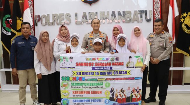 Kapolres Labuhanbatu AKBP Wahyu Endrajaya mendukung SDN 15 Rantau Selatan yang menjadi wakil Labuhanbatu di ajang nasional Sahabat Sekolah Dasar 2026